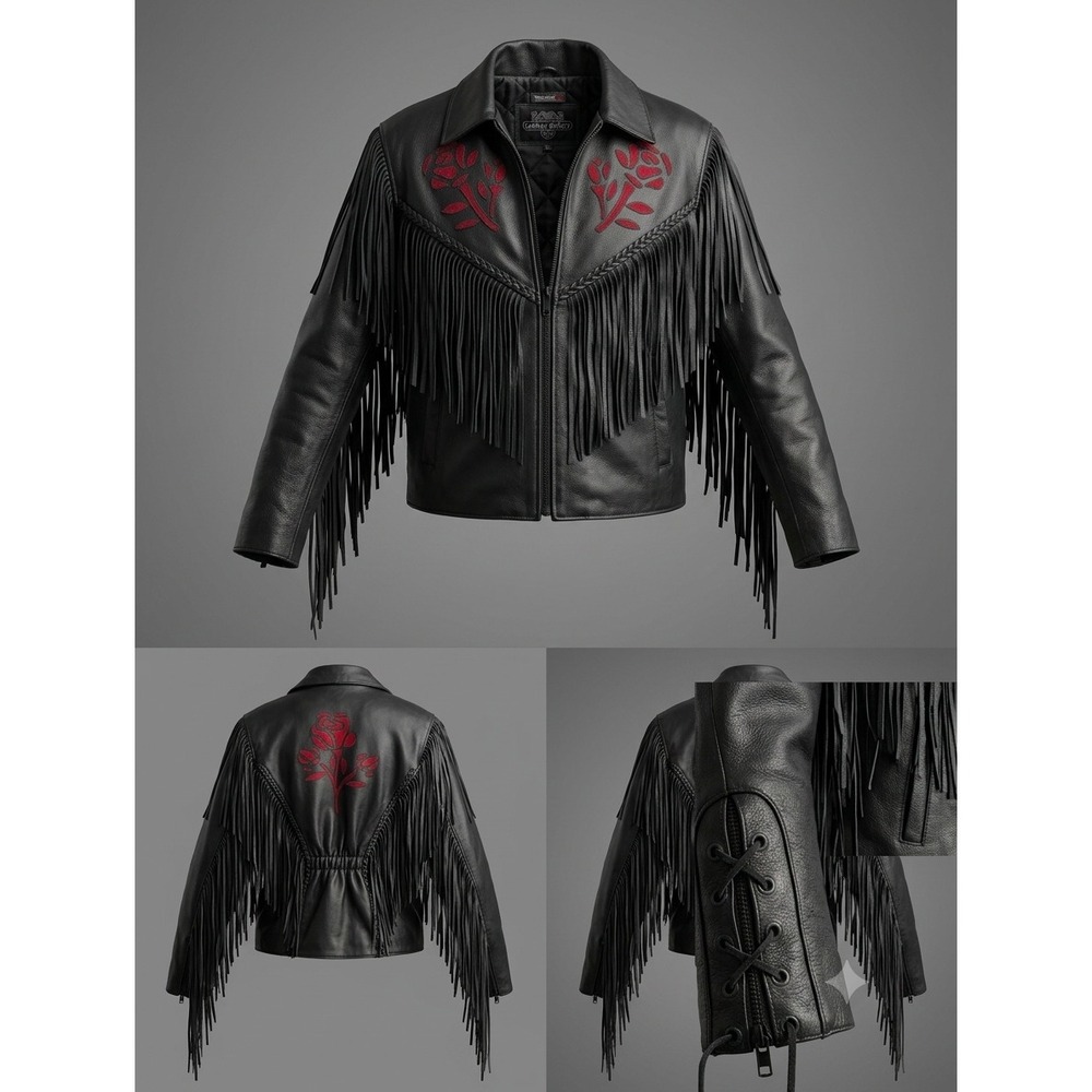 Vtg Leather Gallery Rose Fringe Jacket L Western Gothic Whimsigoth Biker